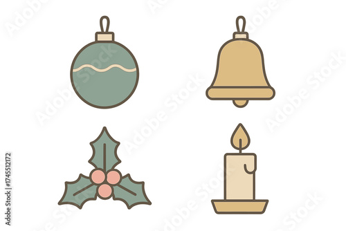Traditional Christmas and winter holiday symbols including bauble, bell, holly, and candle