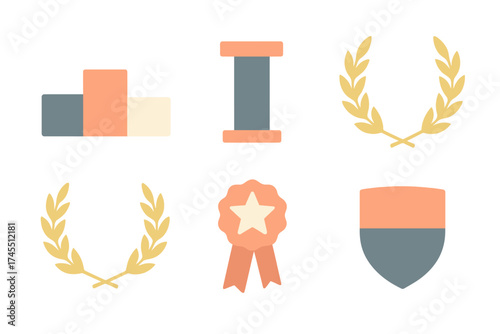 Set of success and award symbols including podium, laurel wreaths, medal, and shield crest
