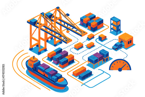 Global logistics and supply chain management process with cargo ship, port cranes, containers, and delivery vehicles
