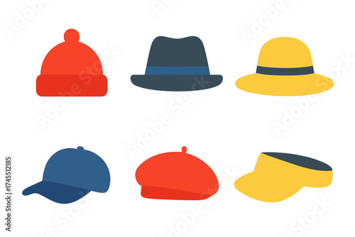 Colorful collection of diverse headwear designs including beanie, fedora, cap, and beret