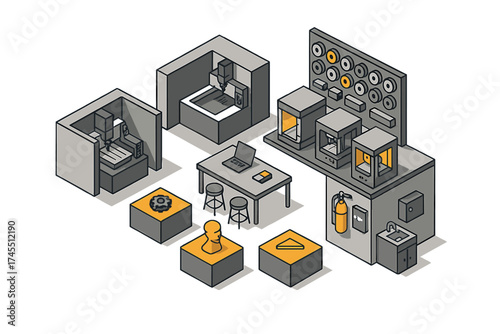 Isometric workshop setup with CNC milling machines, 3D printers, and prototyping equipment