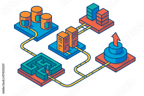 Isometric data flow process with storage, servers, processing maze, and output upload point