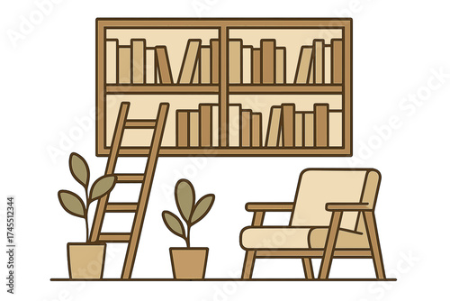 Cozy reading corner setup with a large wooden bookshelf, ladder, comfortable armchair, and indoor plants