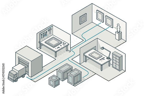 Isometric conceptual flow of artwork logistics from studio production to gallery exhibition