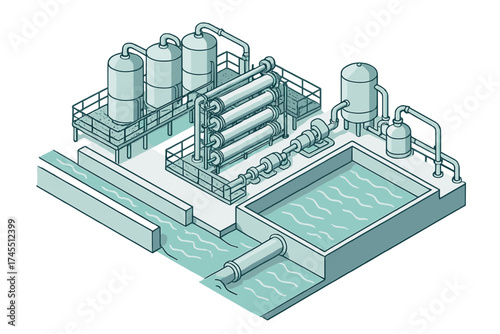 Industrial water purification plant showing filtration and storage tanks in isometric view