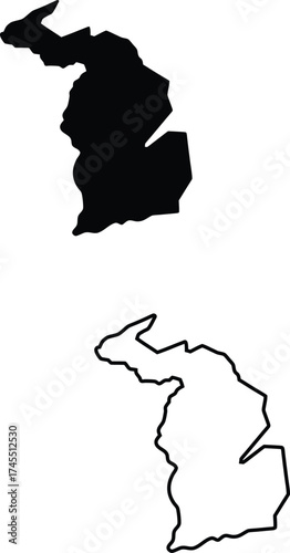 A black silhouette of a distinct elongated geographical landmass and its clear outline are shown on white