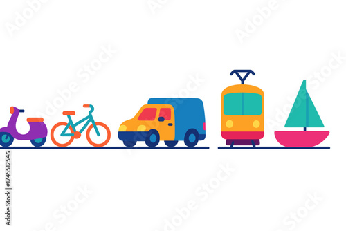 Colorful collection of urban and recreational transportation modes including scooter bicycle van tram and sailboat