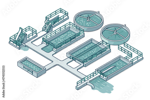 Isometric diagram of municipal wastewater treatment plant process and infrastructure