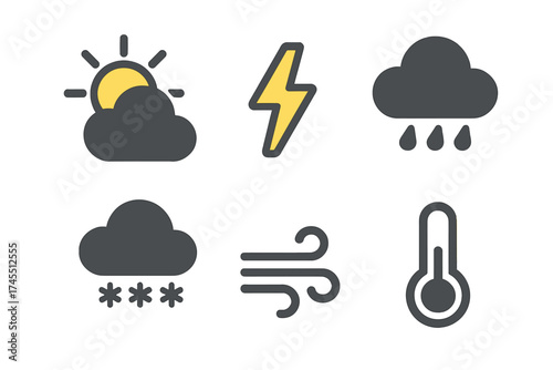 Simple weather forecast symbols set including sun, cloud, rain, snow, lightning, wind, and temperature