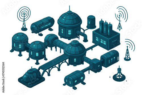 Futuristic isometric modular space colony research base complex with communication antennas