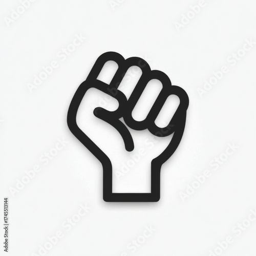  Minimalist raised fist icon, black and white, representing power and solidarity, on a white background with copy space