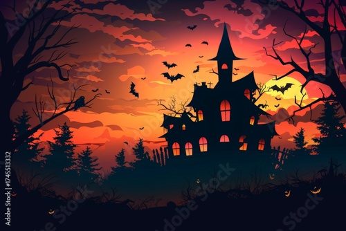 Spooky haunted castle silhouette against a fiery Halloween night sky