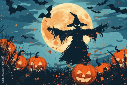 Scarecrow with outstretched arms under a giant moon with pumpkins