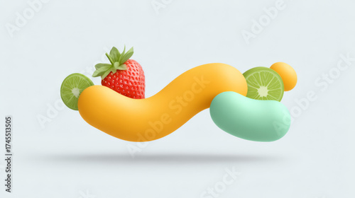 3D abstract fresh fruit composition, vibrant orange teal and red, representing healthy snacks and energy, with copy space