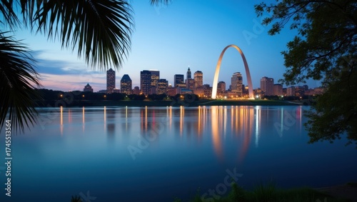St Louis Skyline and Gateway Arch Reflected in the River at Twilight Scene
