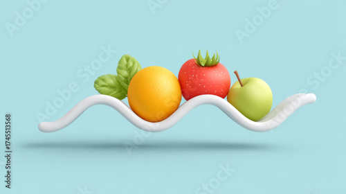  3D abstract fresh produce arrangement, vibrant orange red and green, representing healthy eating and wellness, with copy space