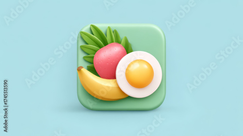 3D healthy meal graphic, vibrant green yellow and pink, representing balanced nutrition and wellness