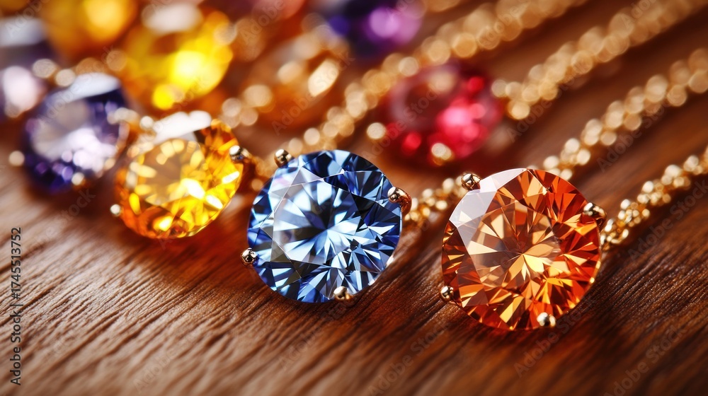 Fototapeta premium Colorful gemstone necklaces on a wooden surface