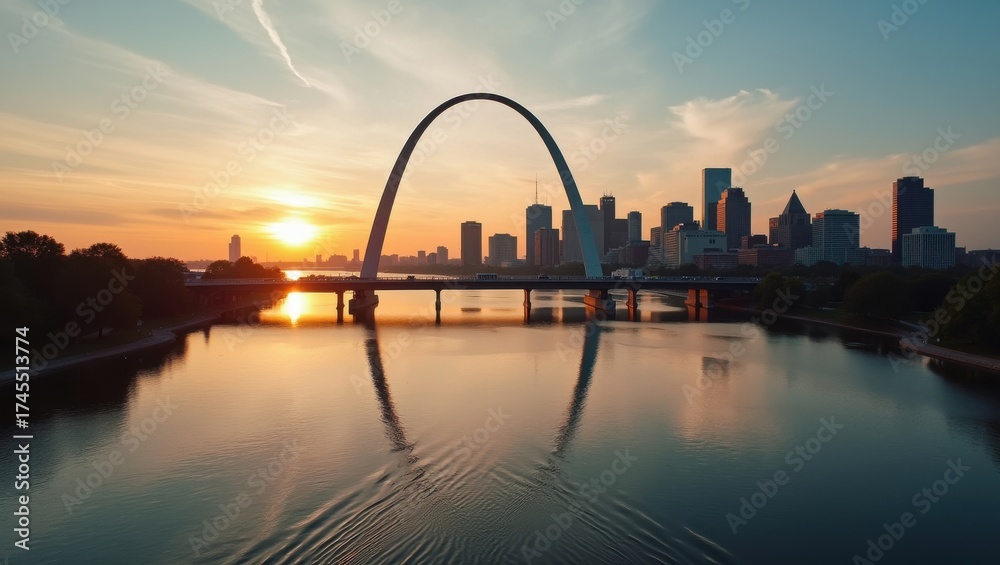 Obraz premium St. Louis Gateway Arch and Cityscape Reflected in the Calm River at Sunrise