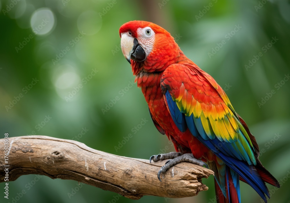 Obraz premium Vibrant scarlet macaw perched on a wooden branch in a lush forest.