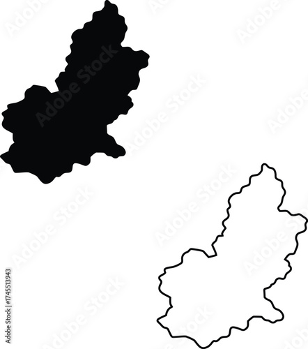 A black silhouette and an outline drawing of a rounded irregular landmass map