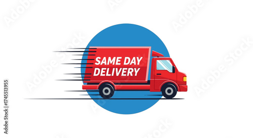Red delivery truck with 'Same Day Delivery' text speeding to transport goods quickly