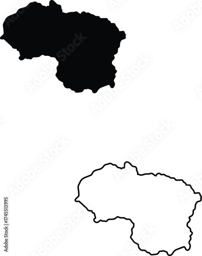 Unidentified rounded geographic shape depicted as a black filled silhouette and an outline