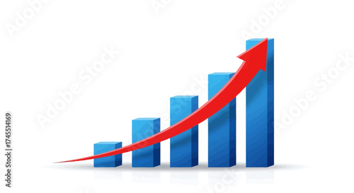Red arrow curves upward over rising blue bar graph, symbolizing positive financial growth and success.