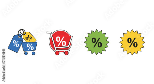 Colorful icons representing shopping discounts and sales promotions