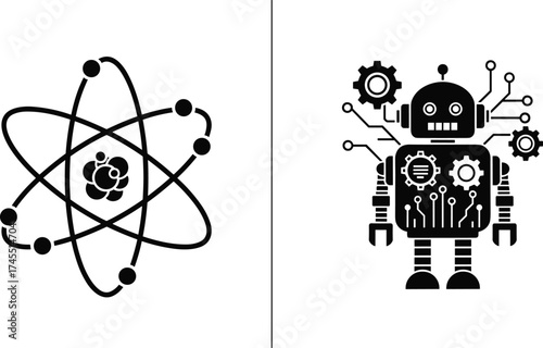Atom and robot technology illustration, artificial intelligence concept, science innovation design, futuristic AI vector, education, engineering, and research concept