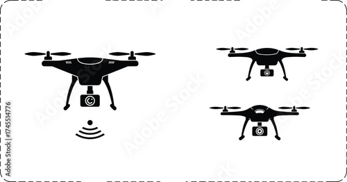 Drone icon set with camera, aerial photography concept, modern drone technology, flying device illustration, unmanned aircraft, innovation, and automation