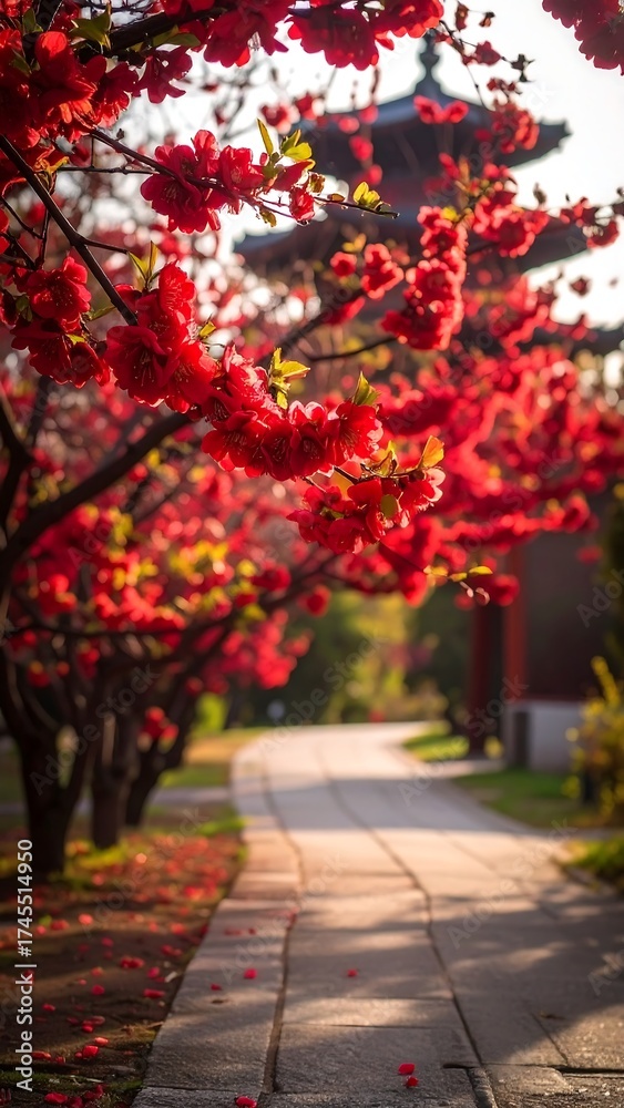Naklejka premium Red blossoms line a path leading to a pagoda