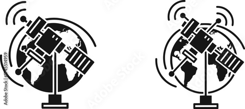 Satellite communication around Earth globe icon, global network technology illustration, space science connection symbol, GPS navigation signal transmission design