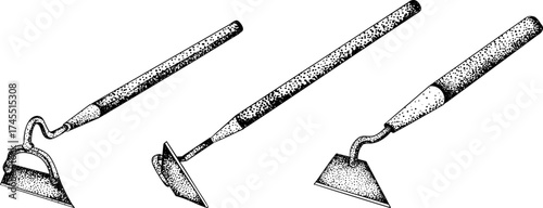 Intricate black-and-white engraving of three garden hoes with detailed dot patterns, perfect for farming, gardening, or rustic design projects.