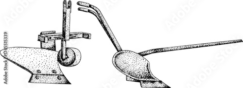 Intricate black-and-white engraving of two plows with detailed dot patterns, ideal for farming, agriculture, or vintage tool designs.