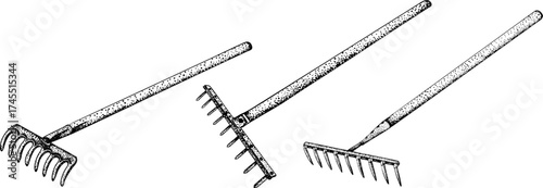 Intricate black-and-white engraving of three garden hoes with detailed dot patterns, perfect for farming, gardening, or rustic design projects.