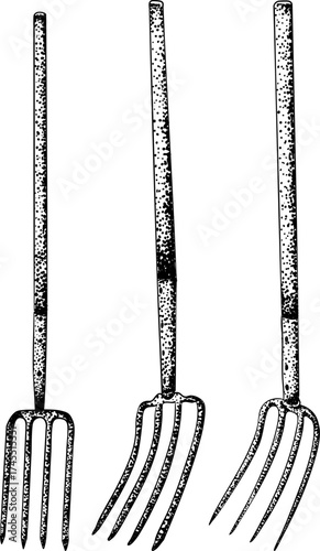 Intricate black-and-white engraving of three garden hoes with detailed dot patterns, perfect for farming, gardening, or rustic design projects.