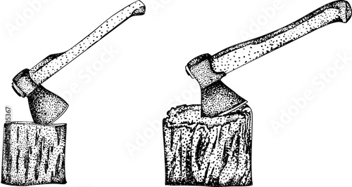 Intricate black-and-white engraving of three garden hoes with detailed dot patterns, perfect for farming, gardening, or rustic design projects.