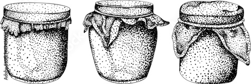 Intricate black-and-white engraving of three jars with fabric lids, perfect for homemade preserves, rustic, or vintage designs.