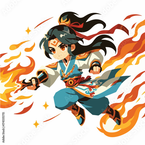 anime character with fire elemental in Chinese style