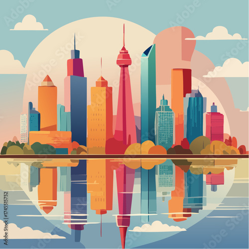 Toronto skyline reflection with sunset and clouds