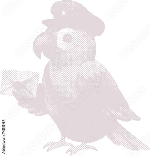 Funny parrot character dressed as a postman delivering a letter. Whimsical halftone pop art vector for mail and communication-themed designs.