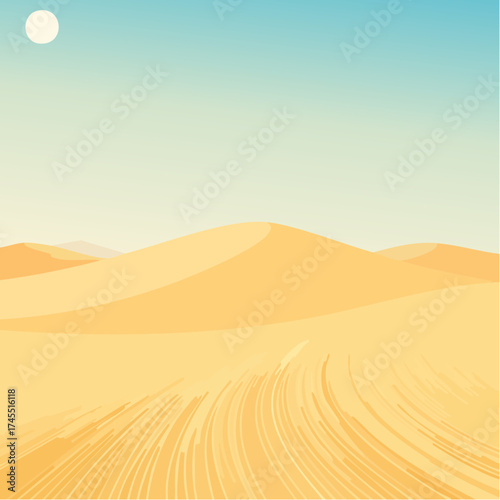 Desert landscape with dunes and a bright sun