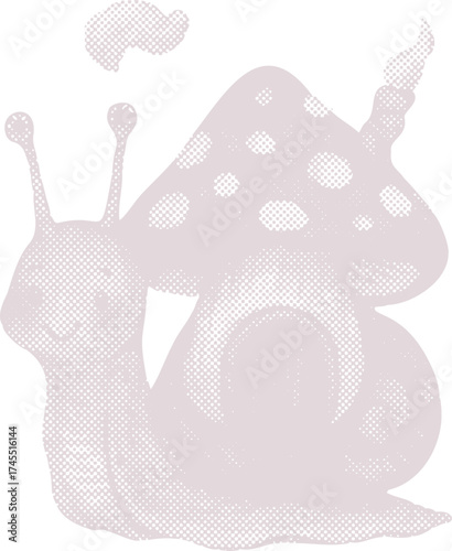 Cute snail with a mushroom house shell and chimney. Whimsical fairytale halftone pop art vector for fantasy and children's story designs.