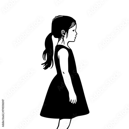 Pensive young girl in a dress, minimalist design evoking childhood innocence and contemplation