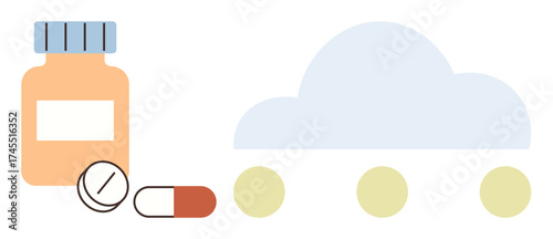 Medicine bottle, pills, and cloud symbol representing digital healthcare, online pharmacy, and medical technology. Ideal for health, innovation, telemedicine, medication cloud computing