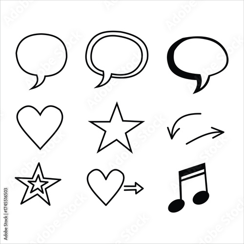 Collection of hand-drawn icons for communication, ideas, and emotions