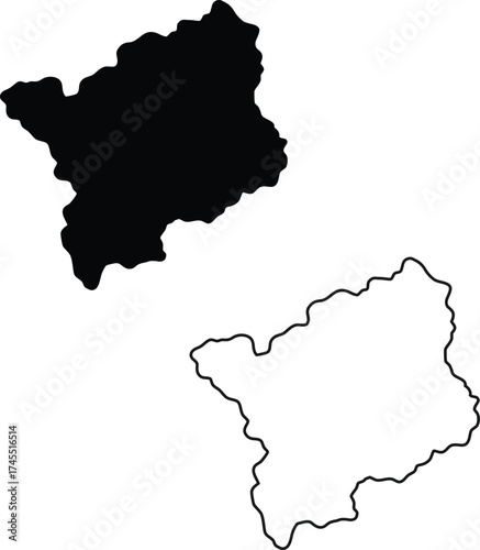 Generic rounded black silhouette alongside its matching outline portraying a undefined geographical territory on white