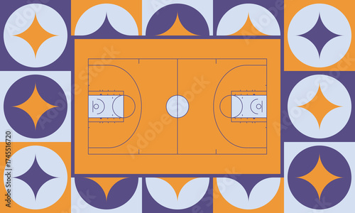 Basketball Court. Basketball design. Street sport art. Game Day. Basketball playoff. Final games. Team championship. Ball for Basketball. Sport creative poster. Modern graphic. Vector wallpaper