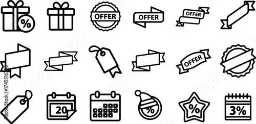 Outline vector icons of promotional offers and special deals, including gift boxes with percentages, price tags, sale ribbons, star badges, and event calendar dates for commerce